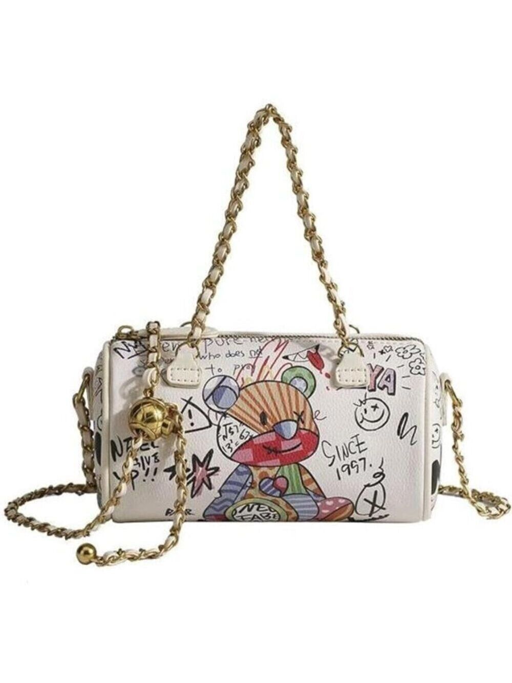 Graffiti White Vegan Leather  Crossbody bag, Trendy Mini Shoulder Bag  Purse